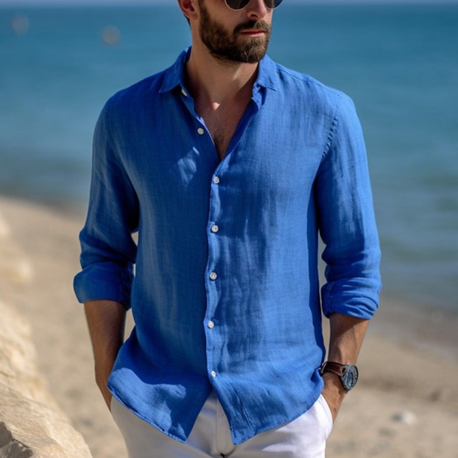 Chemises Pour Hommes LITB | Homme Chemise Chemise Lin Chemise Boutonnee Chemise Decontractee Chemise De Plage Manche Longue Plein Revers Printemps Ete Casual Du Quotidien Vetement Tenue Bleu