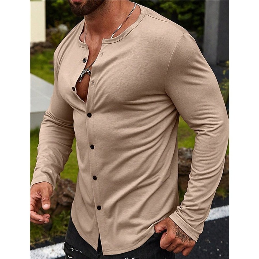 T-Shirts Et Debardeurs Pour Hommes LITB | Homme T Shirt Tee T-Shirt Chemise A Manches Longues Plein Col Plein Air Vacances Manche Longue Bouton Vetement Tenue Mode Design Basique