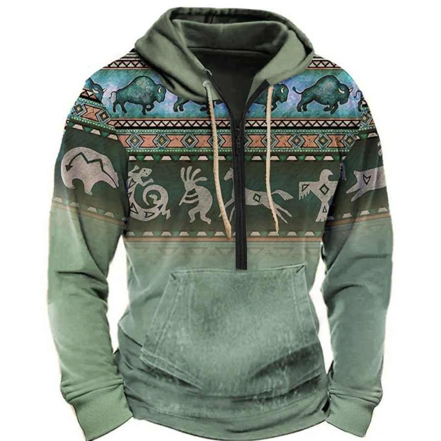 Sweats A Capuche Et Sweat-Shirts LITB | Bloc De Couleur Tribal Homme Du Quotidien 3D Effet Sweat A Capuche Zippe Vacances Sortie Vetement De Rue Sweats A Capuche Fonce Manche Longue Demi Fermeture Eclair Imprimer Printemps