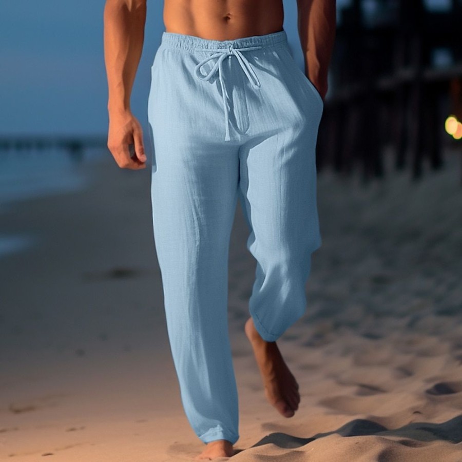 Bas Pour Hommes LITB | Homme Pantalon En Lin Pantalon Pantalon Ete Pantalon De Plage Cordon Taille Elastique Jambe Droite Plein Confort Respirable Casual Du Quotidien Vacances Melange De Lin & Coton Mode Style Classique