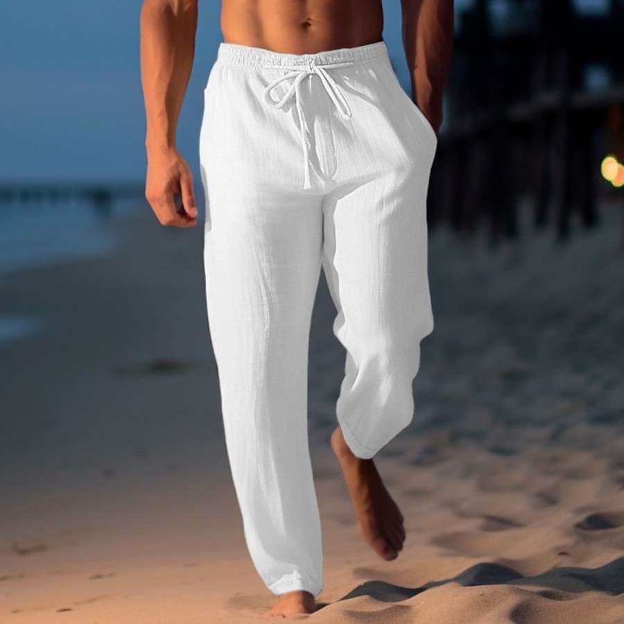 Bas Pour Hommes LITB | Homme Pantalon En Lin Pantalon Pantalon Ete Pantalon De Plage Cordon Taille Elastique Jambe Droite Plein Confort Respirable Casual Du Quotidien Vacances Melange De Lin & Coton Mode Style Classique