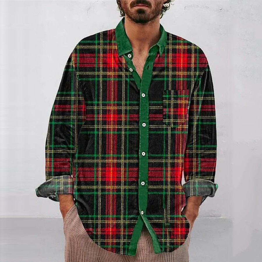 Chemises Pour Hommes LITB | Chemise Decontractee A Carreaux/Carreaux Pour Hommes Tenue Quotidienne Sortie Automne& Chemise D Hiver A Manches Longues S, M, L Chemise En Tissu Extensible Dans 4 Directions Vert