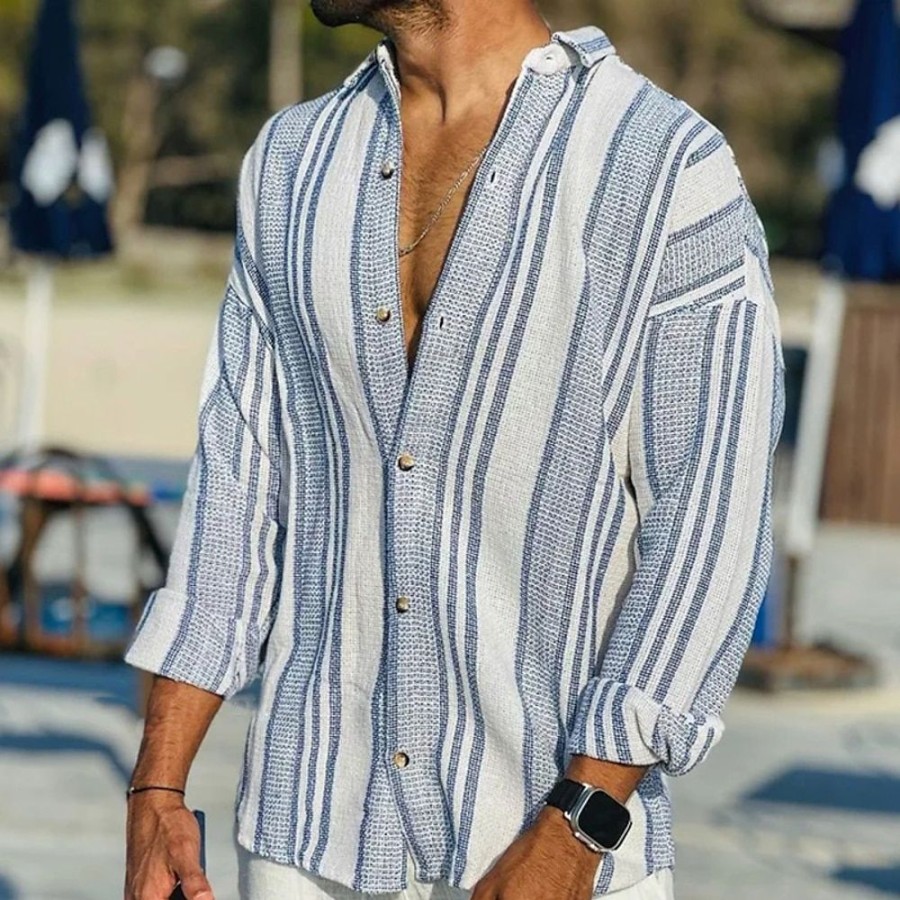 Chemises Pour Hommes LITB | Homme Chemise Lin Chemise Boutonnee Chemise Decontractee Chemisette Chemise D Ete Chemise De Plage Manche Longue Raye Col Rabattu Printemps Ete Exterieur Vacances Vetement