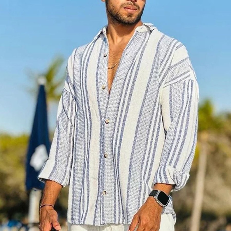 Chemises Pour Hommes LITB | Homme Chemise Lin Chemise Boutonnee Chemise Decontractee Chemisette Chemise D Ete Chemise De Plage Manche Longue Raye Col Rabattu Printemps Ete Exterieur Vacances Vetement