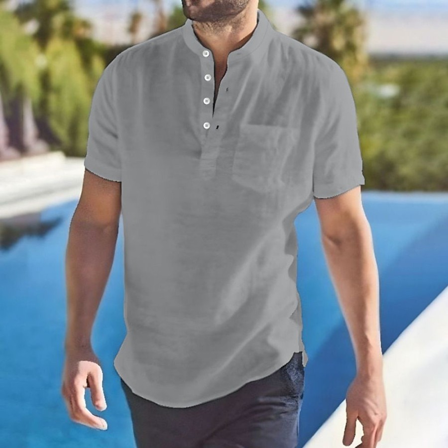 Chemises Pour Hommes LITB | Homme Chemise Lin Chemisette Chemise D Ete Chemise De Plage Manche Courte Couleur Unie Mao Printemps, Aout, Hiver, Ete Exterieur Casual Vetement Tenue Bouton Bas