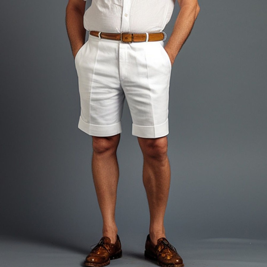 Bas Pour Hommes LITB | Homme Short Short En Lin Short D Ete Bouton Poche Jambe Droite Plein Confort Respirable Court Casual Du Quotidien Vacances Melange De Lin & Coton Mode Design Blanche