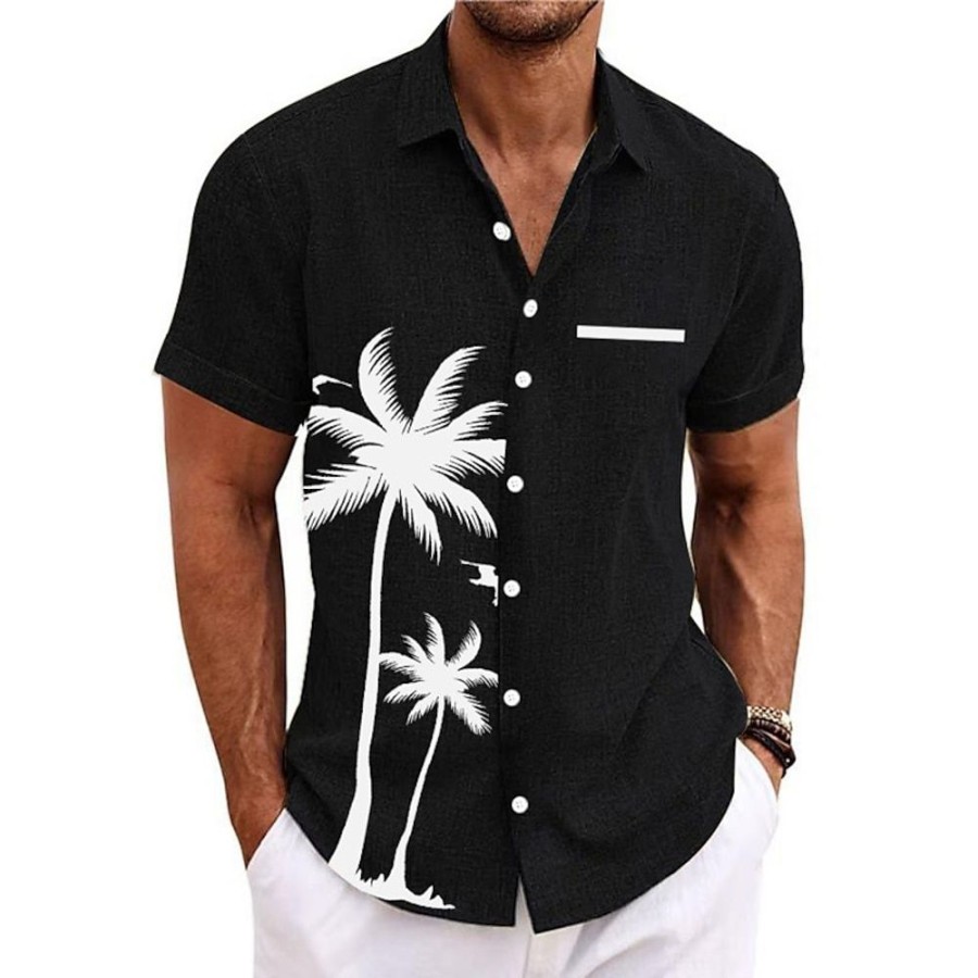 Boutique De Linge LITB | Chemise Homme Chemise En Lin Ete Chemise Hawaienne Cocotier Graphique Turndown Blanc Exterieur Rue Manches Courtes Imprime Vetements Vetements Chemise En Lin Sport Mode Streetwear