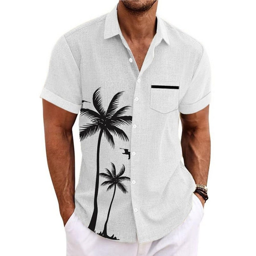 Boutique De Linge LITB | Chemise Homme Chemise En Lin Ete Chemise Hawaienne Cocotier Graphique Turndown Blanc Exterieur Rue Manches Courtes Imprime Vetements Vetements Chemise En Lin Sport Mode Streetwear