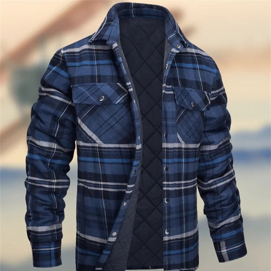 Vetements D'Exterieur Pour Hommes LITB | Homme Chemise Veste Rembourre Chemise Style Classique Entreprise Casual Normal Basique Chaud Automne Hiver Plaid Damier Doudoune