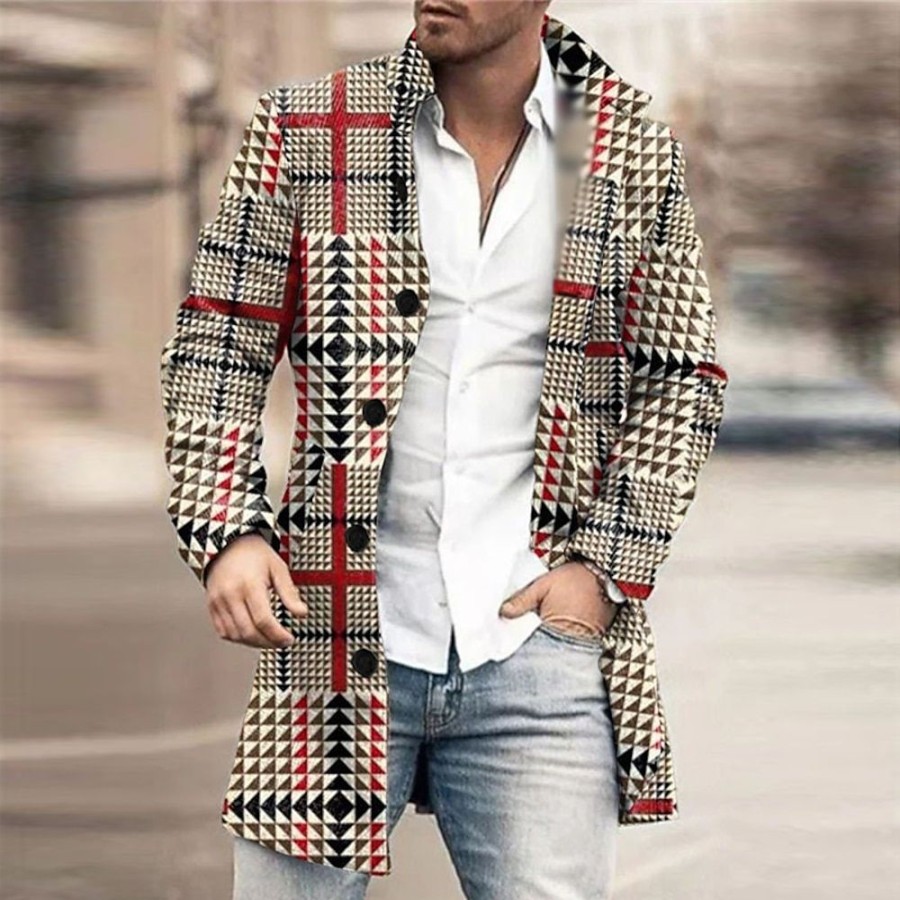 Vetements D'Exterieur Pour Hommes LITB | Pied-De-Poule Tartan Entreprise Decontractees Homme Manteau Travail Sortie Automne Hiver Col Mao Manche Longue M L Xl Polyester Tissage Veste Kaki