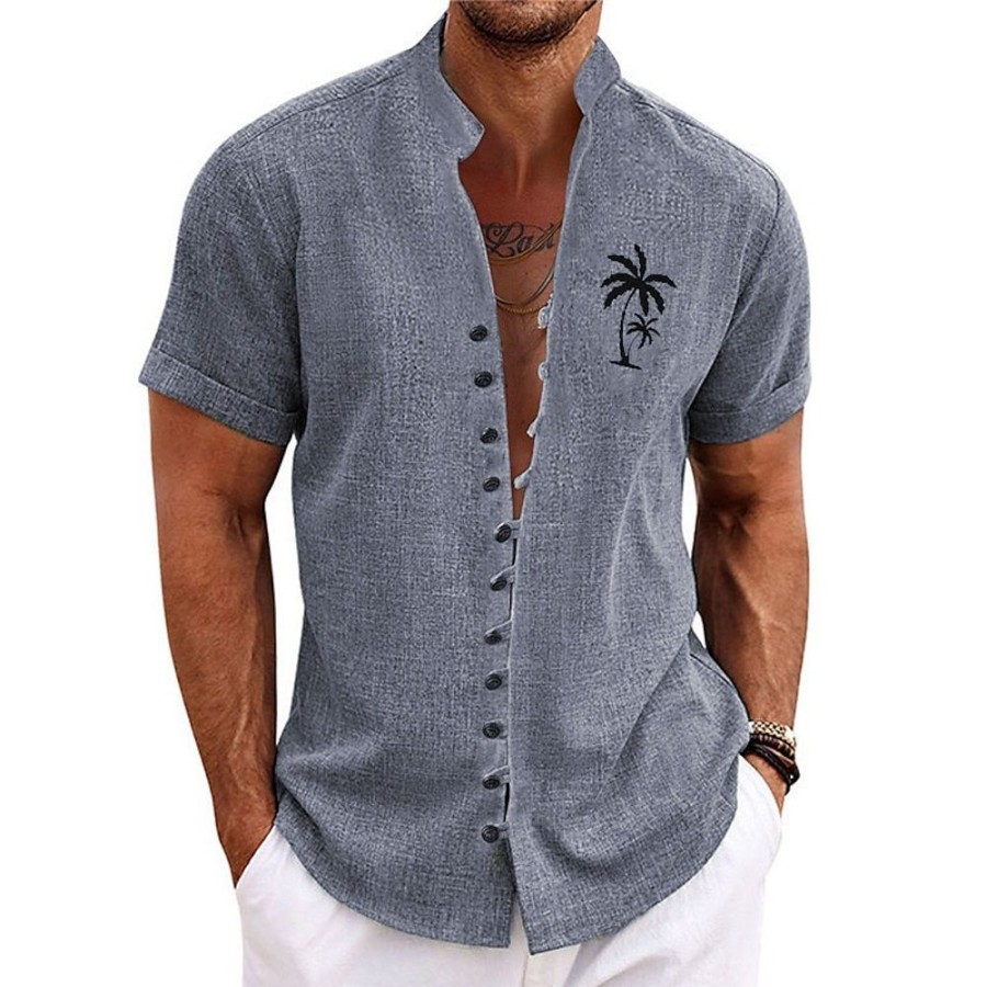 Boutique De Linge LITB | Chemise Homme Chemise En Lin Cocotier Graphique Col Montant Clair Exterieur Rue Manches Courtes Imprime Vetements Vetements Chemise En Lin Mode Streetwear Designer Decontracte