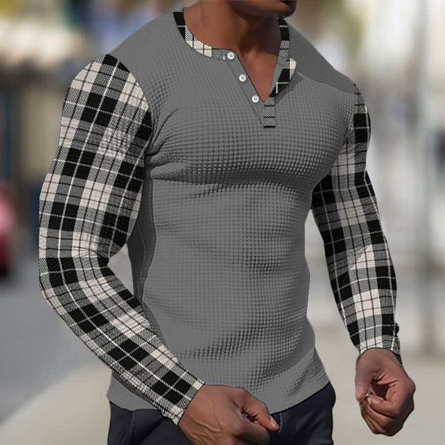 T-Shirts Et Debardeurs Pour Hommes LITB | Homme T Shirt Tee Chemise Henley Gaufree Chemise Henley Shirt T-Shirt Chemise A Manches Longues Plaid Bloc De Couleur Henley Plein Air Vacances Manche Longue Patchwork Vetement Tenue Mode Design