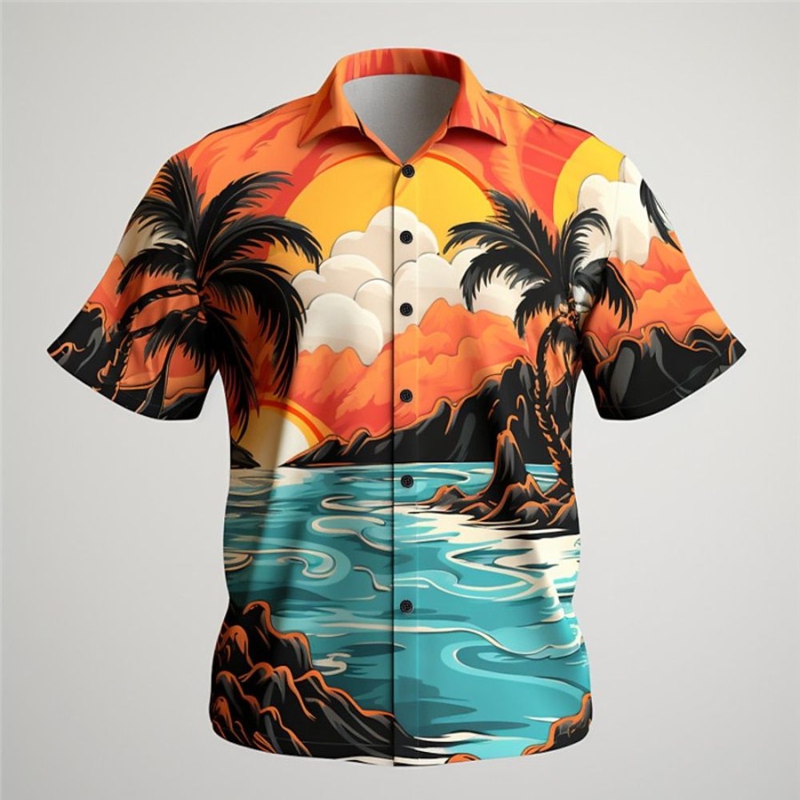 Chemises Pour Hommes LITB | Paysage Hawaien Decontractees Homme Chemise Exterieur Plein Air Casual Quotidien Automne Col Rabattu Manche Courte S M L Chemise Orange