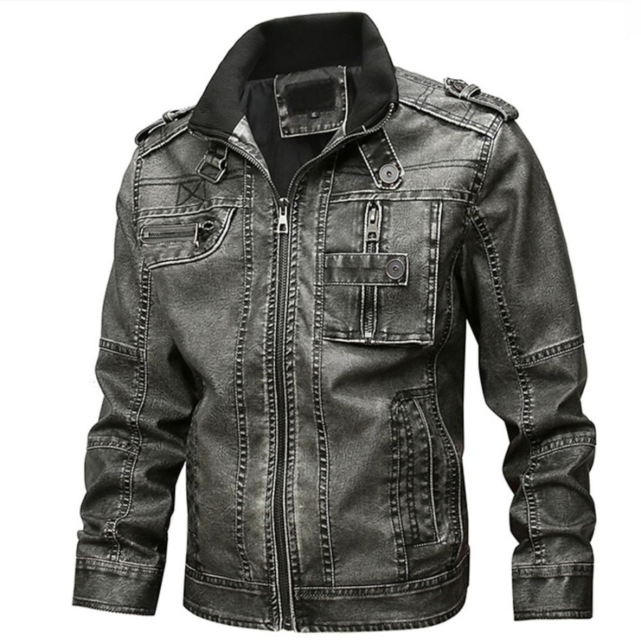 Vetements D'Exterieur Pour Hommes LITB | Homme Simili Cuir Veste Moto Blouson Moto Exterieur Usage Quotidien Chaud Poche Automne Hiver Plein Mode Vetement De Rue Revers Normal Veste