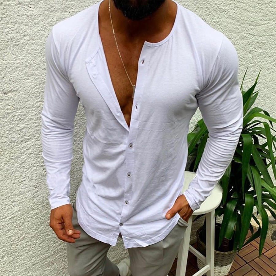 T-Shirts Et Debardeurs Pour Hommes LITB | Homme Chemise T Shirt Tee Chemise A Manches Longues Boutonne Sous Patte Casual Manche Longue Bouton Bas Vetement Tenue Mode Leger Muscle Grand Et Grand