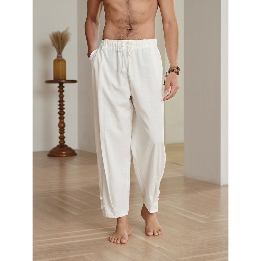 Boutique De Linge LITB | 10% Lin Homme Pantalon En Lin Pantalon Pantalon Ete Pantalon Plisse Poche Avant Jambe Droite Plein Confort Respirable Casual Du Quotidien Vacances Mode Basique Blanche