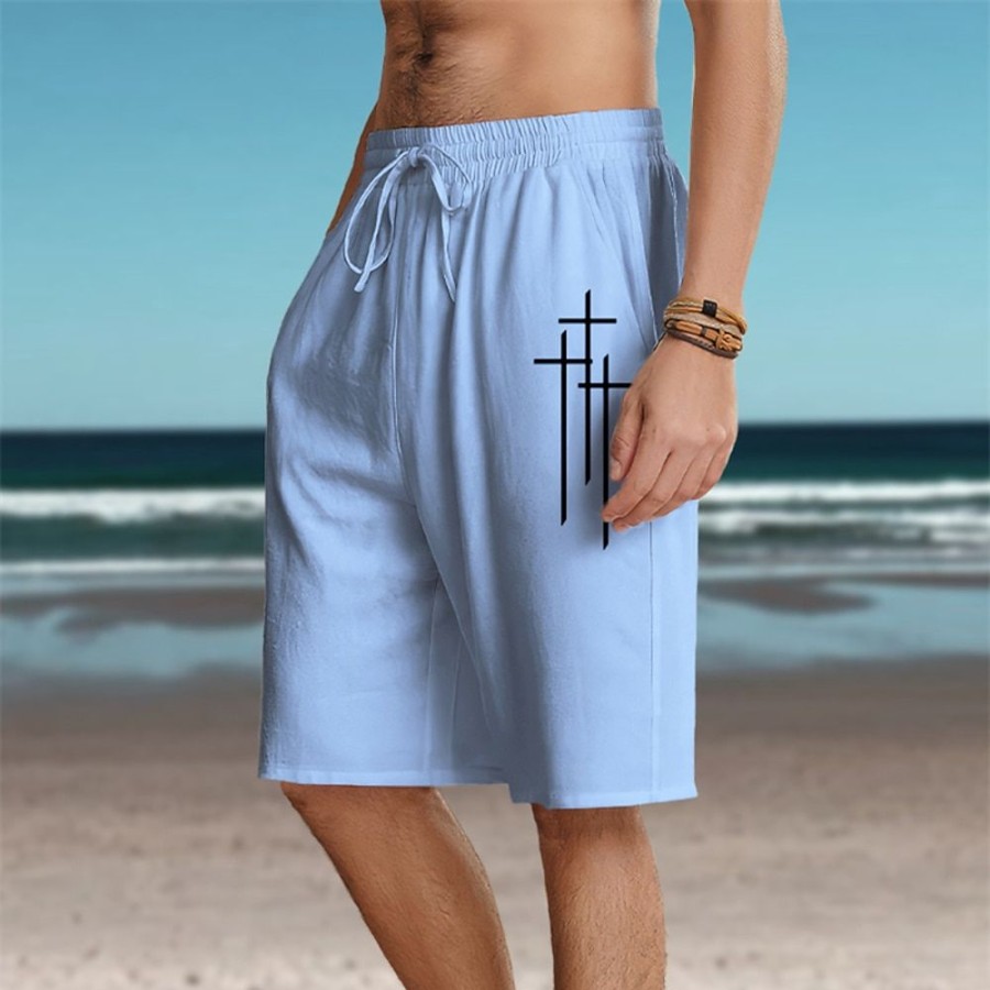 Bas Pour Hommes LITB | Homme Short Short D Ete Short De Plage Imprimer Cordon Taille Elastique Croix Confort Respirable Court Exterieur Vacances Sortie Melange De Coton Hawaien Decontractees