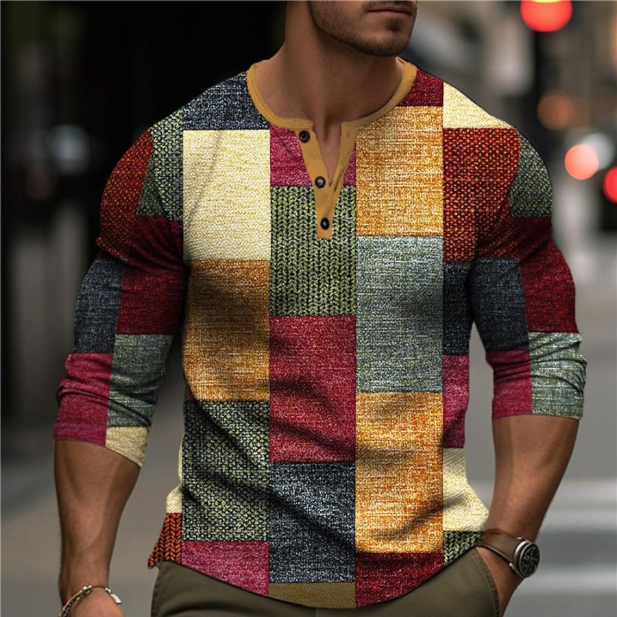 T-Shirts Et Debardeurs Pour Hommes LITB | Graphic Plaid Bloc De Couleur Mode Design Decontractees Homme 3D Effet Chemise Henley Shirt T-Shirt Gaufre Sport Exterieur Vacances Festival T-Shirt Manche Longue Henley Chemise