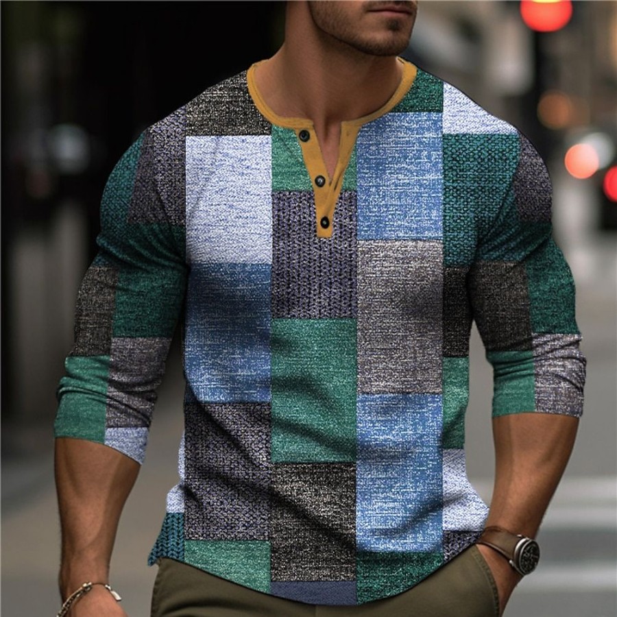 T-Shirts Et Debardeurs Pour Hommes LITB | Graphic Plaid Bloc De Couleur Mode Design Decontractees Homme 3D Effet Chemise Henley Shirt T-Shirt Gaufre Sport Exterieur Vacances Festival T-Shirt Manche Longue Henley Chemise