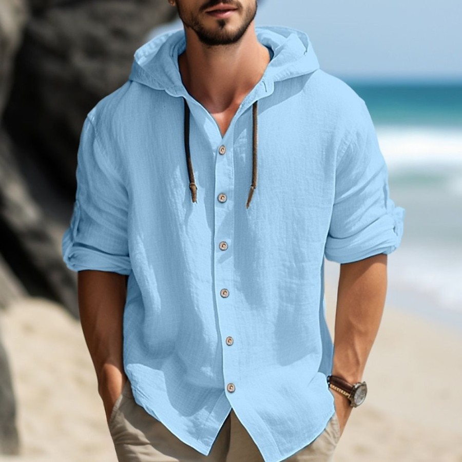 Chemises Pour Hommes LITB | Homme Chemise Chemise Lin Chemise A Capuche Manche Longue Plein Capuche Printemps Ete Casual Du Quotidien Vetement Tenue Bouton