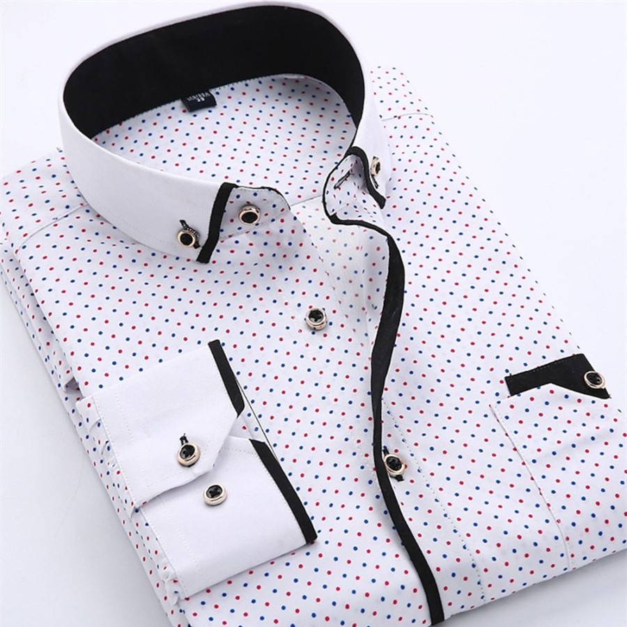 Chemises Pour Hommes LITB | Chemise Habillee Pour Hommes Travail D Affaires Formel A Pois Rue Rabattue Tous Les Jours Imprime A Manches Longues Hauts A Manches Longues Mode D Affaires Streetwear Blanc Chemise D Ete De