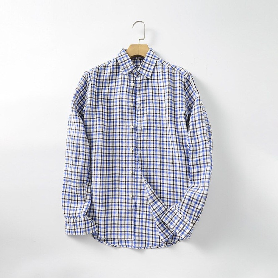 Boutique De Linge LITB | Homme Chemise Chemise Lin Chemise Decontractee Manche Longue Plaid Revers Printemps & Automne Casual Du Quotidien Vetement Tenue Bouton Bleu