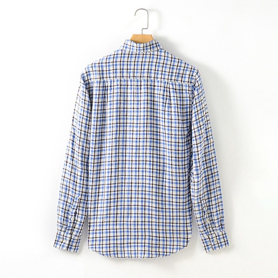 Boutique De Linge LITB | Homme Chemise Chemise Lin Chemise Decontractee Manche Longue Plaid Revers Printemps & Automne Casual Du Quotidien Vetement Tenue Bouton Bleu