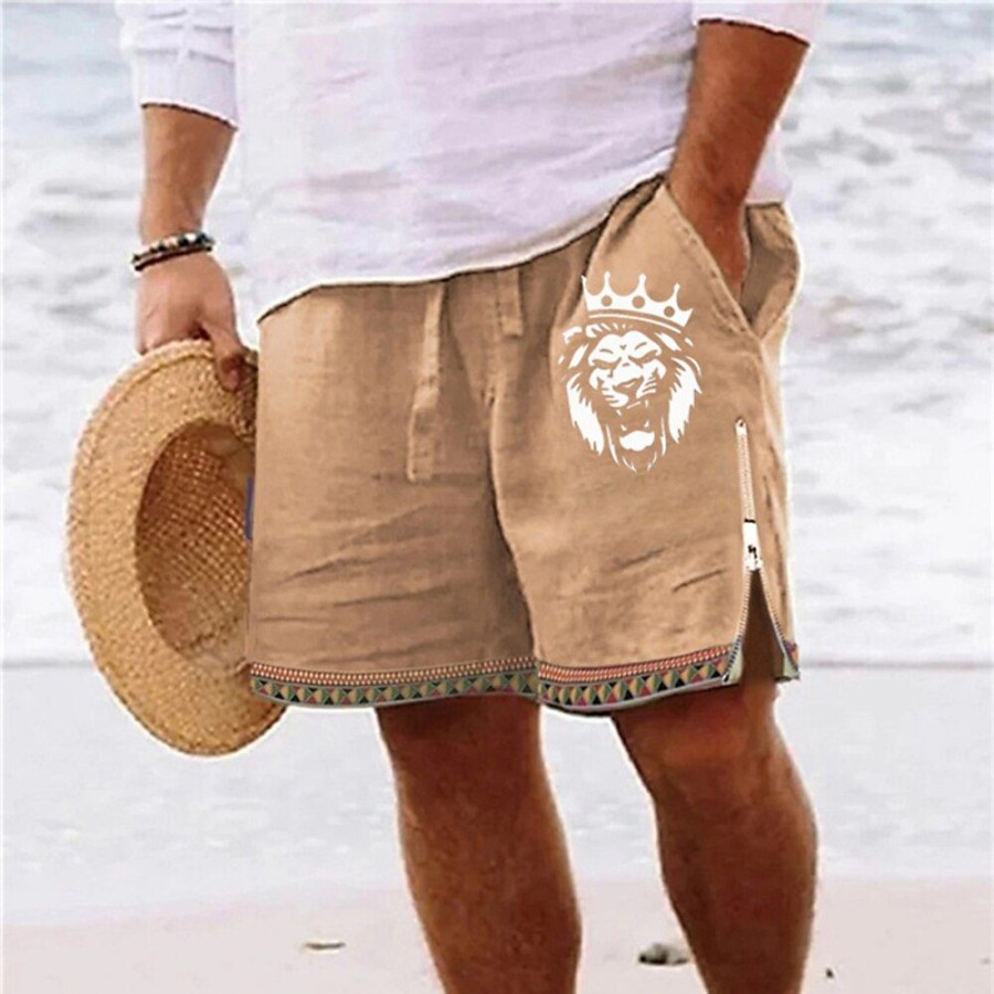 Bas Pour Hommes LITB | Homme Short Short D Ete Short De Plage Imprimer Zippe Cordon Lion Confort Respirable Court Du Quotidien Vacances Sortie Melange De Coton Hawaien Decontractees Roi