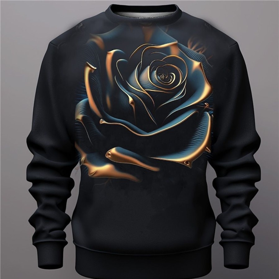 Sweats A Capuche Et Sweat-Shirts LITB | Graphic Rose Homme Mode 3D Effet Sweat A Capuche Vacances Sortie Vetement De Rue Sweats Manche Longue Col Ras Du Cou Imprimer Printemps & Automne Designer Sweat A Capuche Noir