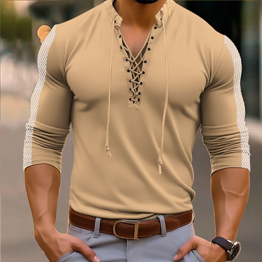 T-Shirts Et Debardeurs Pour Hommes LITB | Homme Chemise Henley Shirt T-Shirt Mosaique Henley Plein Air Vacances Manche Longue Lacet Vetement Tenue Mode Design Basique