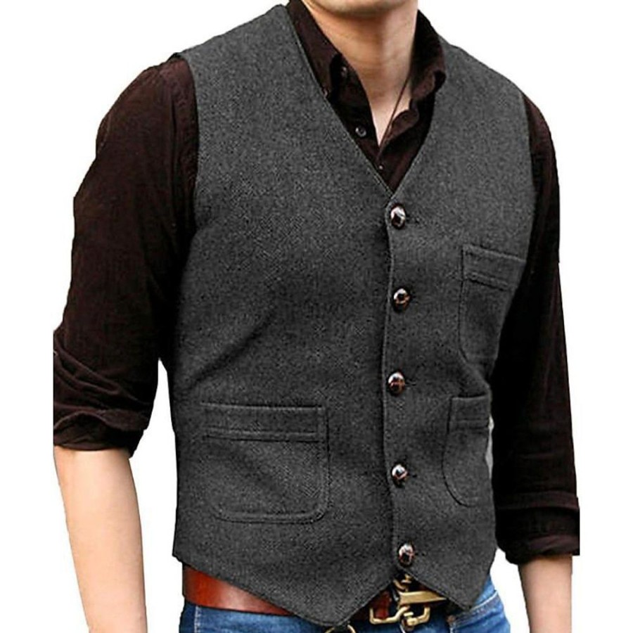 Vetements D'Exterieur Pour Hommes LITB | Homme Gilet Usage Quotidien Vacances Sortie Mode Basique Printemps & Automne Bouton Polyester Confortable Plein Boutonnage Simple Col V Standard Gilet