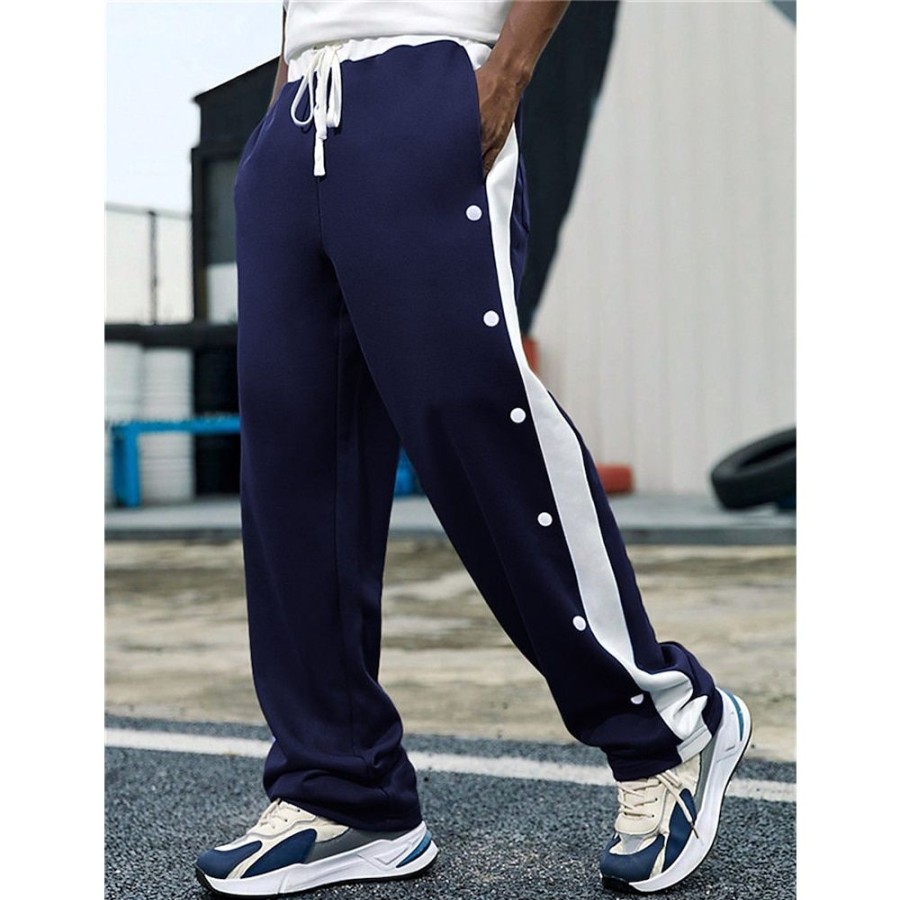 Bas Pour Hommes LITB | Homme Joggings Pantalon Jogger Pantalon Cordon Taille Elastique Bouton Lateral Bloc De Couleur Confort Respirable Casual Du Quotidien Vacances Sportif Mode Marine