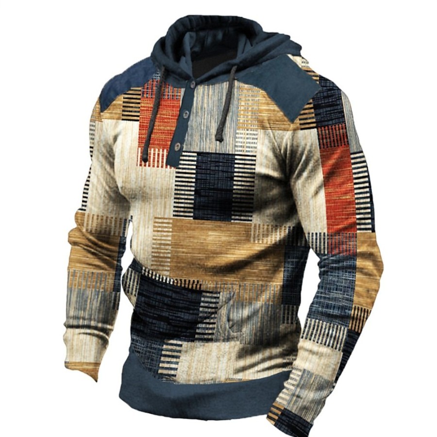 Sweats A Capuche Et Sweat-Shirts LITB | Sweat A Capuche A Carreaux Hommes Graphique Patchwork Imprimes Streetwear Decontracte Vintage Retro 3D Vacances Sortir Sweats A Capuche Bleu Fonce A Capuche Bouton Coton Colore