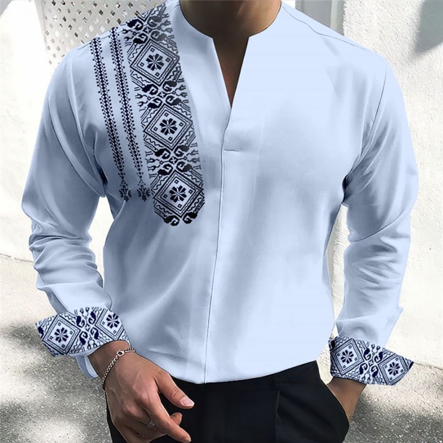 Chemises Pour Hommes LITB | Homme Chemise Floral Retro Vintage Geometrie Totem Col V Clair Exterieur Plein Air Manche Longue Imprimer Vetement Tenue Mode Vetement De Rue Design Decontractees