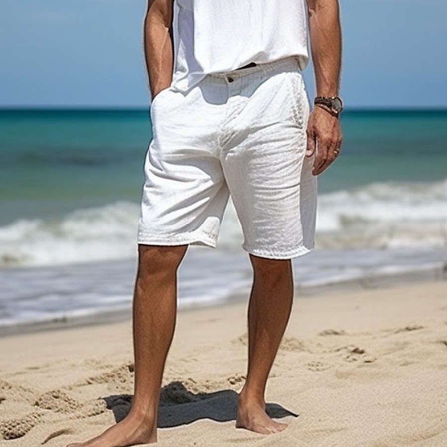 Bas Pour Hommes LITB | Homme Short Short En Lin Short D Ete Bouton Poche Jambe Droite Plein Confort Respirable Court Casual Du Quotidien Vacances Melange De Lin & Coton Mode Design Blanche