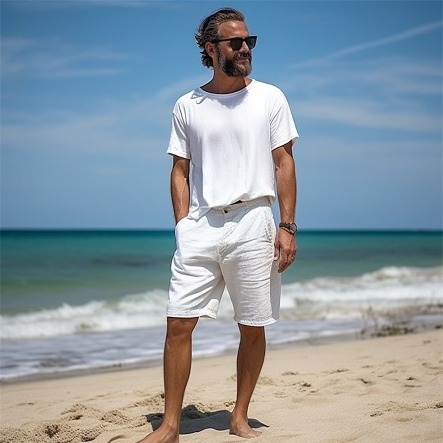 Bas Pour Hommes LITB | Homme Short Short En Lin Short D Ete Bouton Poche Jambe Droite Plein Confort Respirable Court Casual Du Quotidien Vacances Melange De Lin & Coton Mode Design Blanche