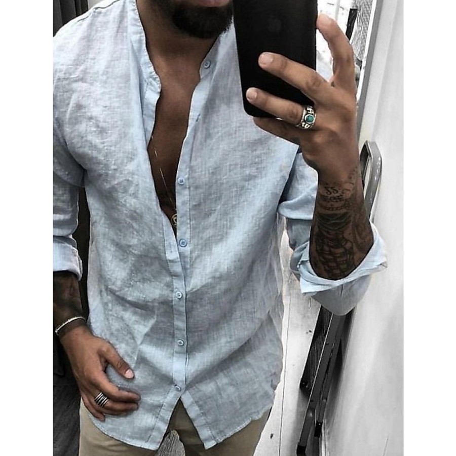 Chemises Pour Hommes LITB | Homme Chemise Chemise Lin Chemise Boutonnee Chemise De Plage Manche Longue Plein Col Mao Printemps Ete Casual Du Quotidien Vetement Tenue