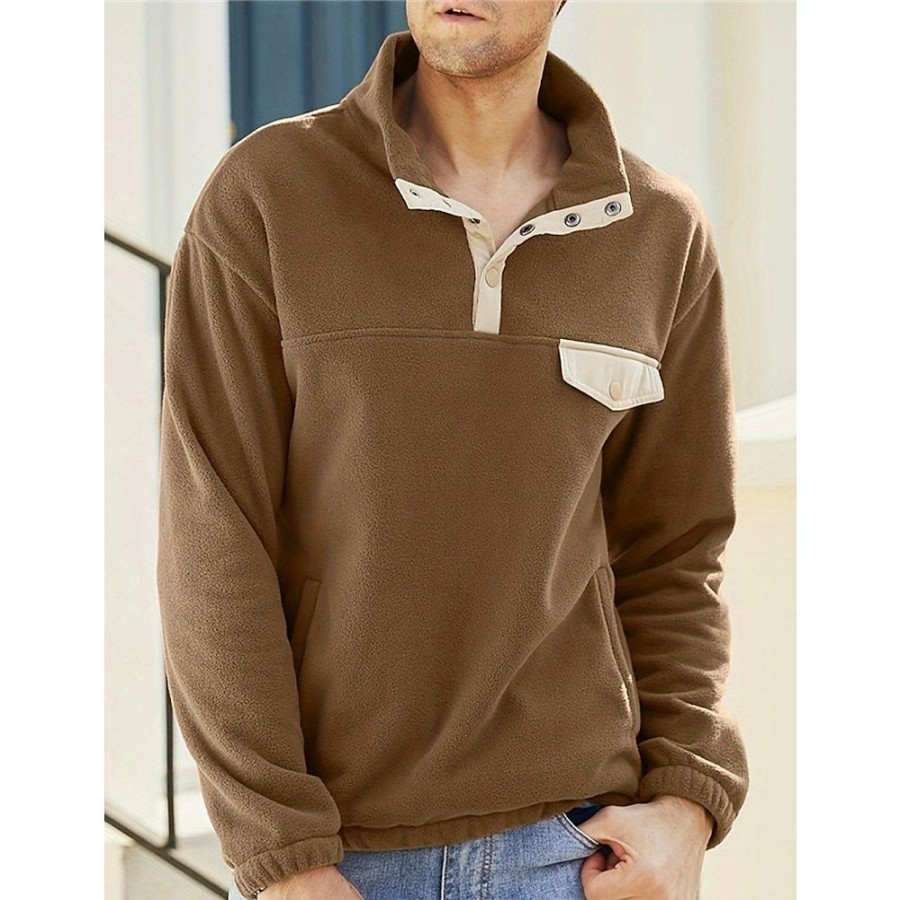 Sweats A Capuche Et Sweat-Shirts LITB | Homme Laine Polaire Sweat-Shirt Quart De Fermeture Eclair Col Mao Bloc De Couleur Patchwork Sport & Loisir Du Quotidien Vacances Vetement De Rue Decontractees Polaire Fine Automne Hiver Marron