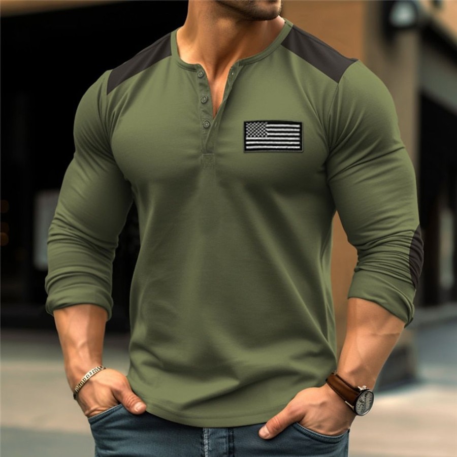 T-Shirts Et Debardeurs Pour Hommes LITB | Homme Chemise Henley Shirt T-Shirt Chemise A Manches Longues Bloc De Couleur Drapeau National Henley Plein Air Vacances Manche Longue Broderie Vetement Tenue Mode Design Basique