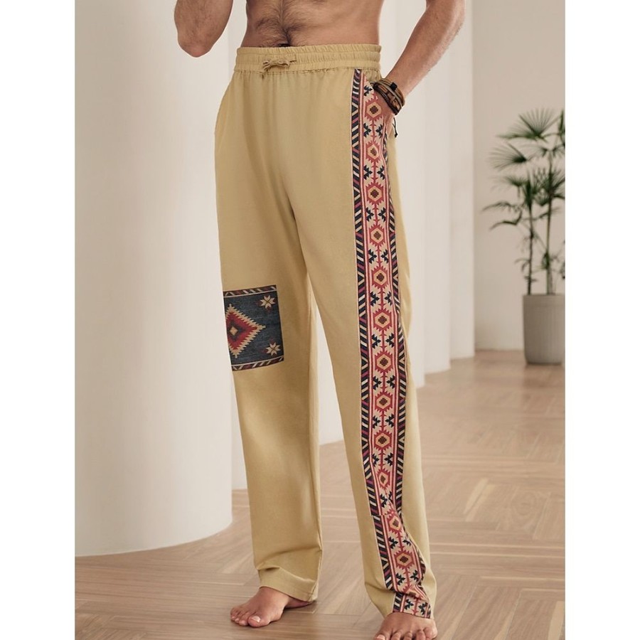 Boutique De Linge LITB | Homme Pantalon En Lin Pantalon Pantalon Ete Pantalon De Plage Cordon Taille Elastique Impression 3D Bloc De Couleur Imprimes Photos Confort Casual Du Quotidien Vacances Melange De Lin & Coton 20% Lin