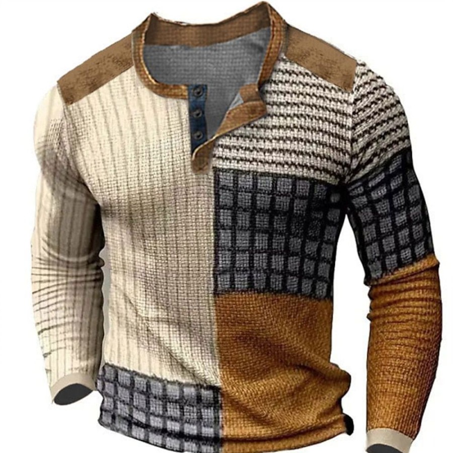 T-Shirts Et Debardeurs Pour Hommes LITB | Graphic Bloc De Couleur Mode Design Decontractees Homme 3D Effet Chemise Henley Shirt T-Shirt Gaufre Sport Exterieur Vacances Festival T-Shirt Manche Longue Henley Chemise Printemps