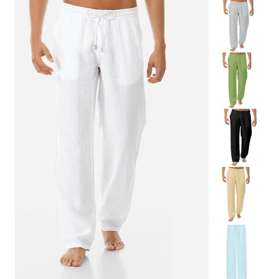 Bas Pour Hommes LITB | Homme Pantalon En Lin Pantalon Pantalon De Plage Cordon Ceinture Elastique Basique A La Mode Sportif Du Quotidien Micro-Elastique 100% Coton Confort Respirable Exterieur Plein Couleur Pleine