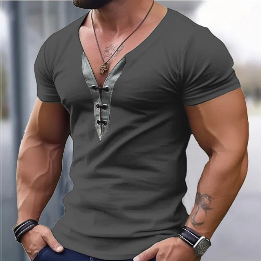 T-Shirts Et Debardeurs Pour Hommes LITB | Homme T Shirt Tee T-Shirt Plein Col V Plein Air Vacances Manche Longue Lacet Vetement Tenue Mode Design Basique