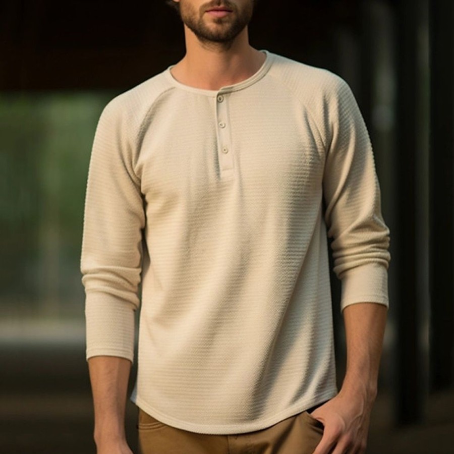 T-Shirts Et Debardeurs Pour Hommes LITB | Homme T Shirt Tee Chemise Henley Shirt T-Shirt Chemise A Manches Longues Plein Henley Plein Air Vacances Manche Longue Vetement Tenue Mode Design Basique Kaki