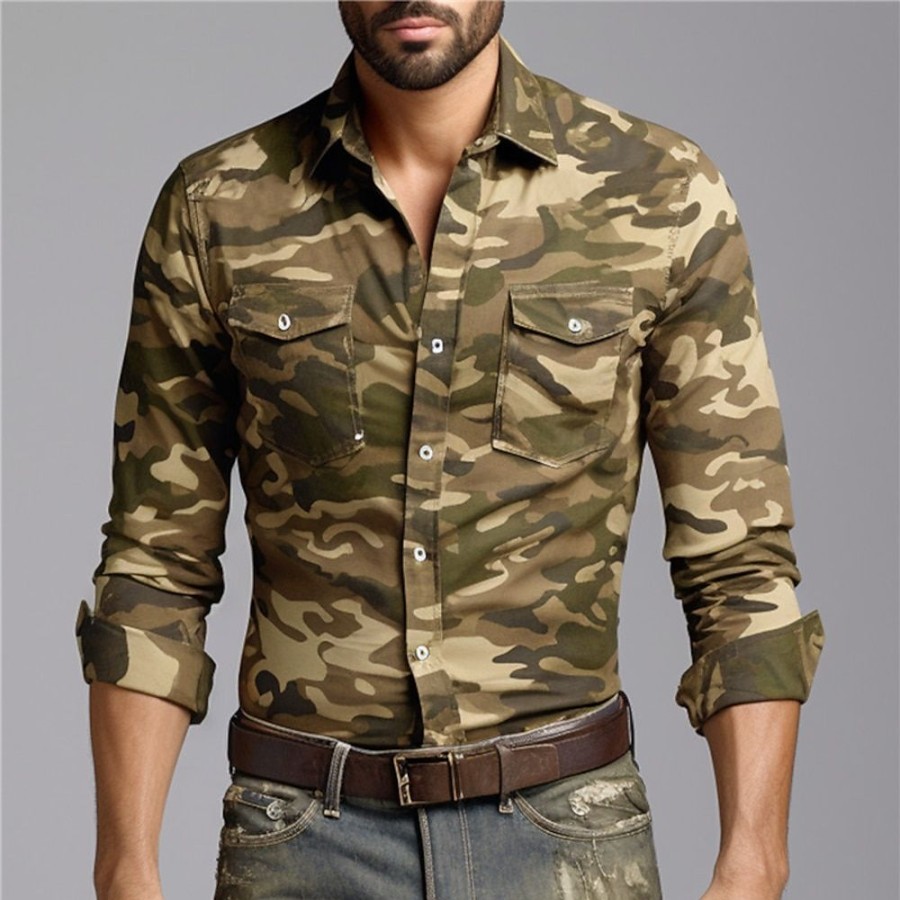 Chemises Pour Hommes LITB | Camouflage Decontractees Homme Chemise Usage Quotidien Sortie Fin De Semaine Automne Hiver Col Rabattu Manche Longue , Fonce, S, M, L Tissu Extensible Dans Les 4 Sens Chemise