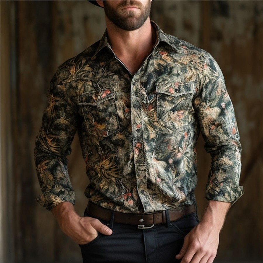 Chemises Pour Hommes LITB | Camouflage Decontractees Homme Chemise Usage Quotidien Sortie Fin De Semaine Automne Hiver Col Rabattu Manche Longue , Fonce, S, M, L Tissu Extensible Dans Les 4 Sens Chemise