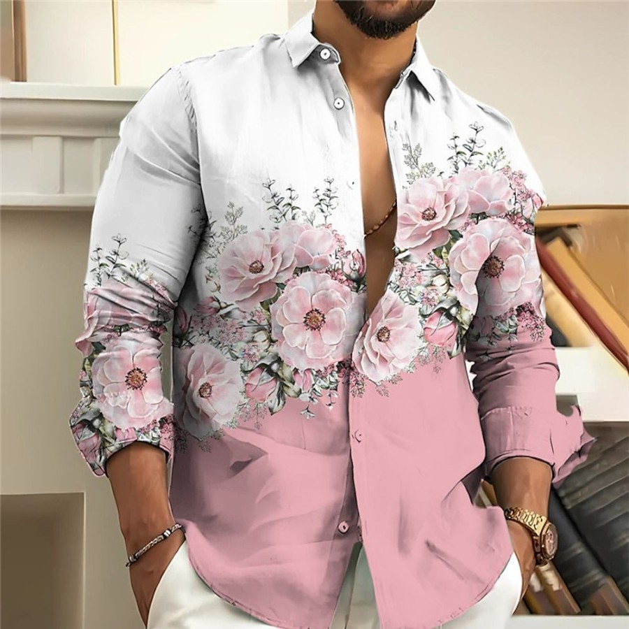 Boutique De Linge LITB | Chemise Homme Chemise En Lin Graphique Floral Col Montant Rose Exterieur Rue Manches Longues Imprime Vetements Vetements Chemise En Lin Mode Streetwear Designer Decontracte