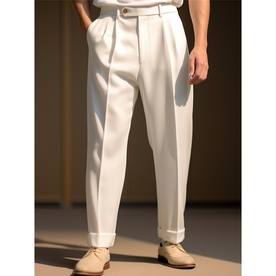 Bas Pour Hommes LITB | Homme Pantalon De Costume Pantalon Pantalon Plisse Pantalon De Costume Bouton Poche Jambe Droite Plein Confort Entreprise Du Quotidien Vacances Mode Chic Et Moderne Blanche