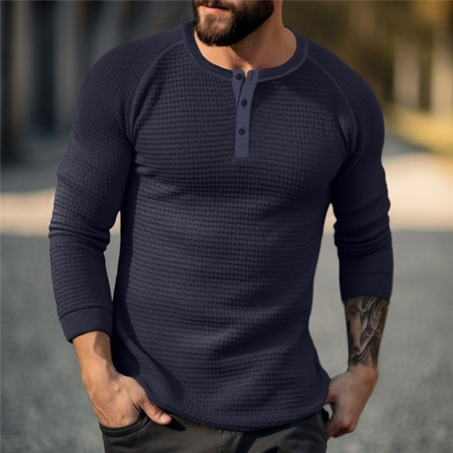 T-Shirts Et Debardeurs Pour Hommes LITB | Homme T Shirt Tee Chemise Henley Gaufree Chemise Henley Shirt T-Shirt Chemise A Manches Longues Plein Henley Plein Air Vacances Manche Longue Vetement Tenue Mode Design Basique