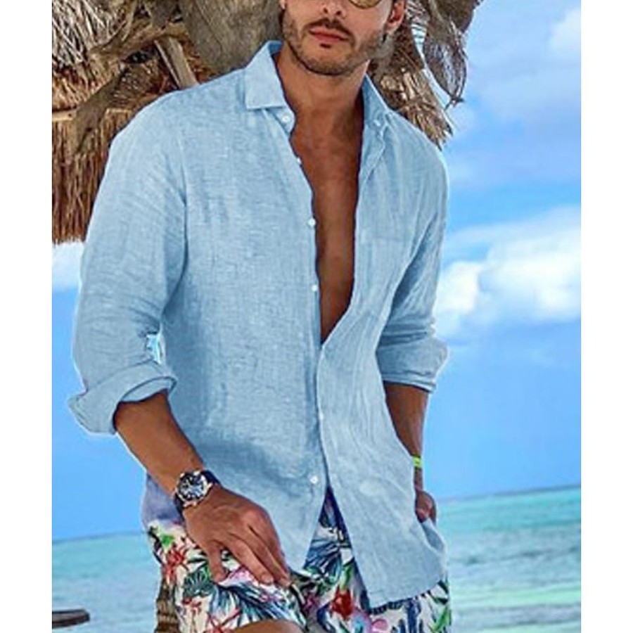 Chemises Pour Hommes LITB | Homme Chemise Chemise Lin Chemisette Chemise D Ete Chemise De Plage Manche Longue Plein Boutonne Sous Patte Printemps Ete Casual Du Quotidien Vetement Tenue